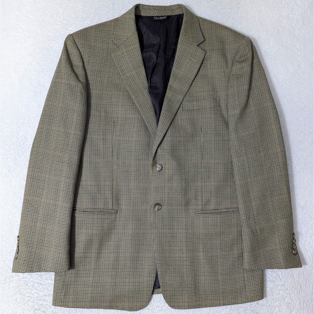 JoS A Bank Travelers Blazer Men 43R 100% Wool Houndstooth Brown Sports Coat